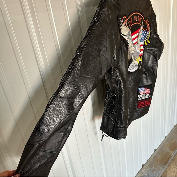 Vintage Mens Diamond Plate Buffalo Motorcycle Black Leather Patch Jacket Medium - Picture 4 of 10
